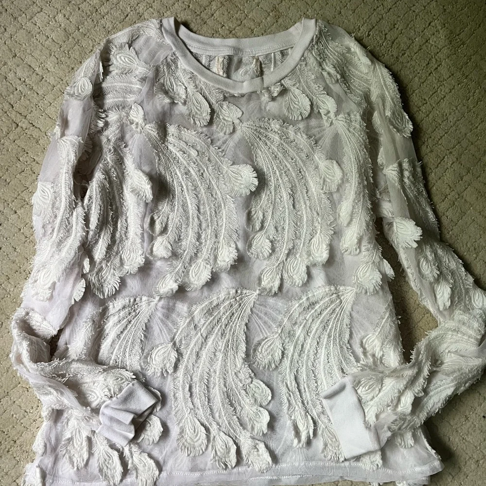 Anthropologie White Textured Feathered Blouse